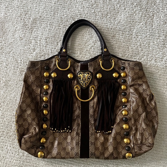 Gucci Babouska Brown Tote Bag with Gold Studs – Authentic Designer - Picture 1 of 8